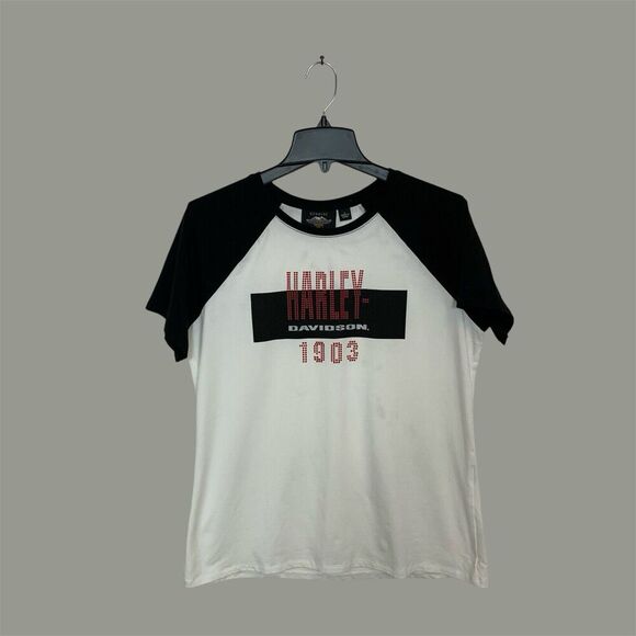 Harley-Davidson Women's Large Stacked Print Tee White Black Red Short Sleeves - Picture 1 of 4
